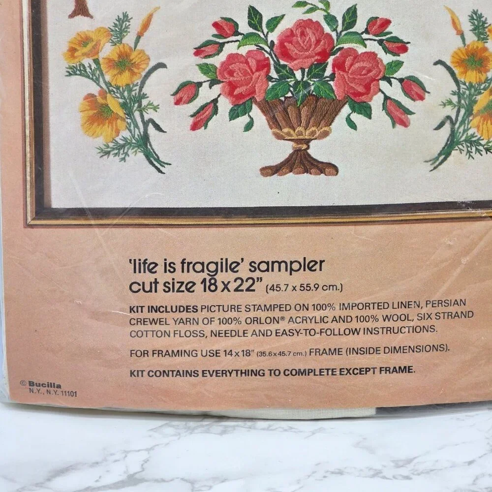 Vintage Bucilla Crewel Embroidery Kit Life Is Fragile Handle with Prayer Sampler